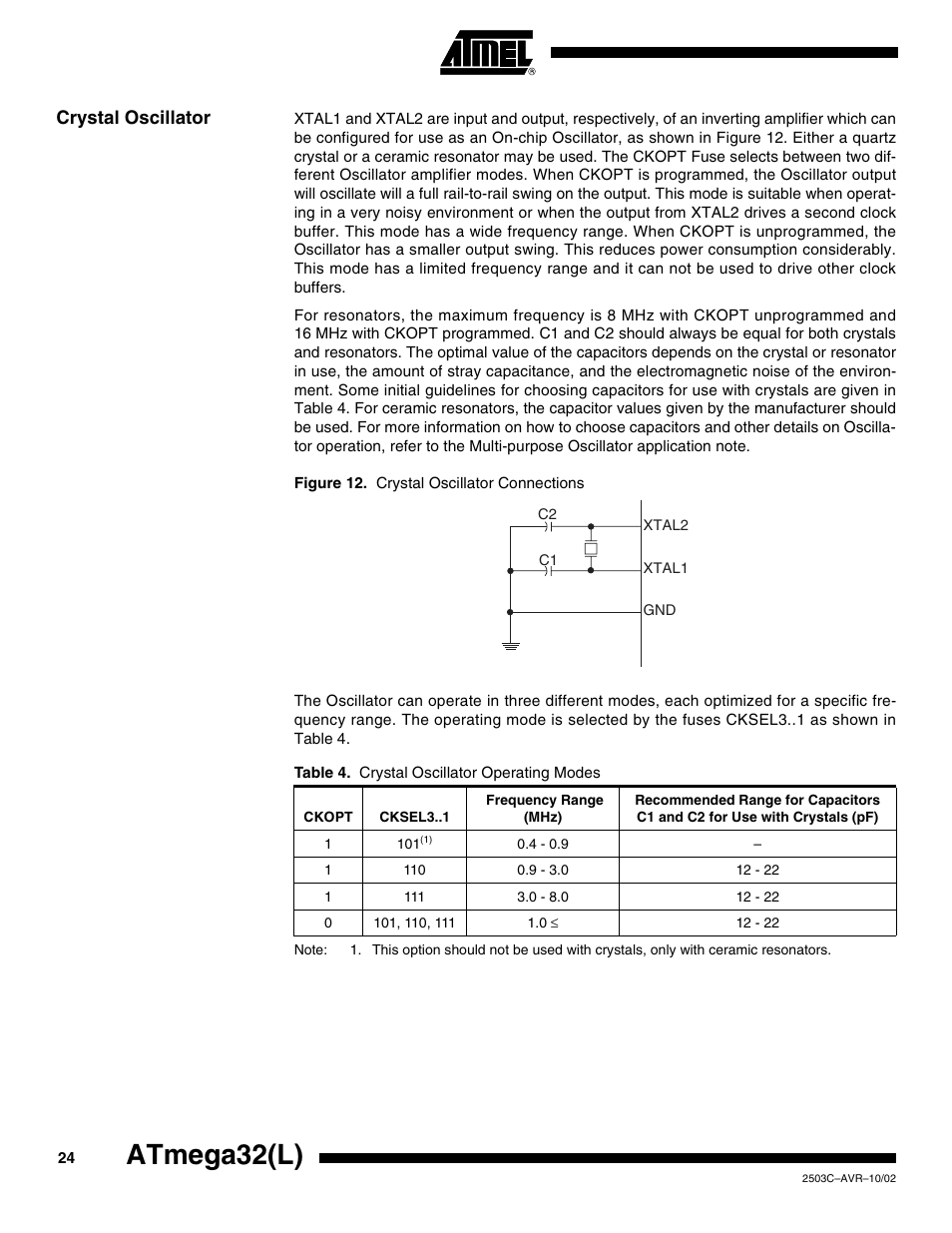 Crystal oscillator, Atmega32(l) | Rainbow Electronics ATmega32L User Manual | Page 24 / 313