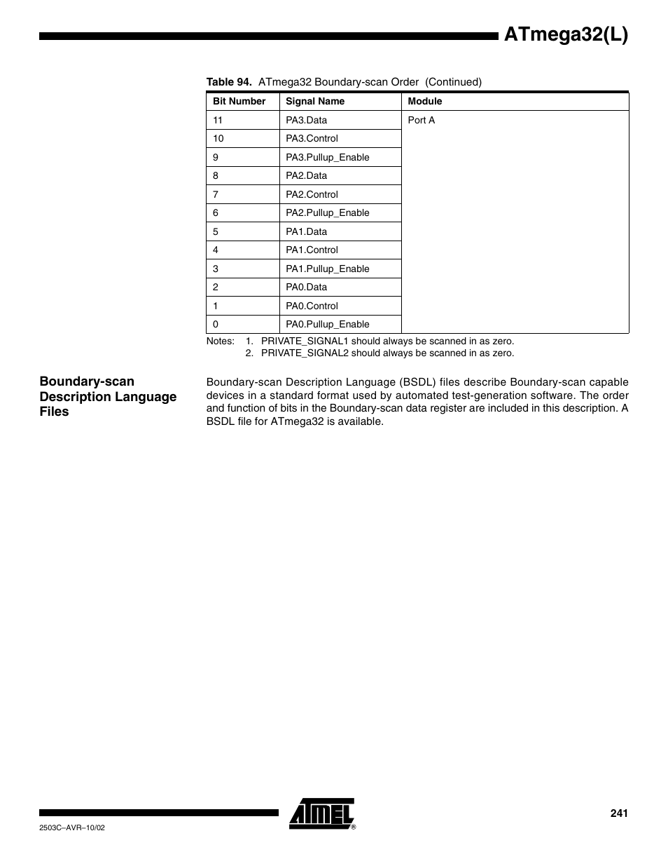 Boundary-scan description language files, Atmega32(l) | Rainbow Electronics ATmega32L User Manual | Page 241 / 313