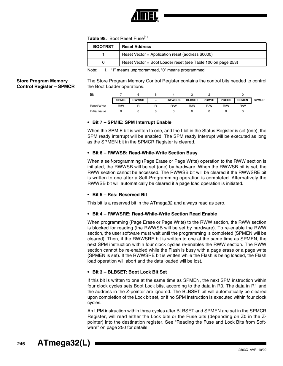 Store program memory control register – spmcr, Atmega32(l) | Rainbow Electronics ATmega32L User Manual | Page 246 / 313