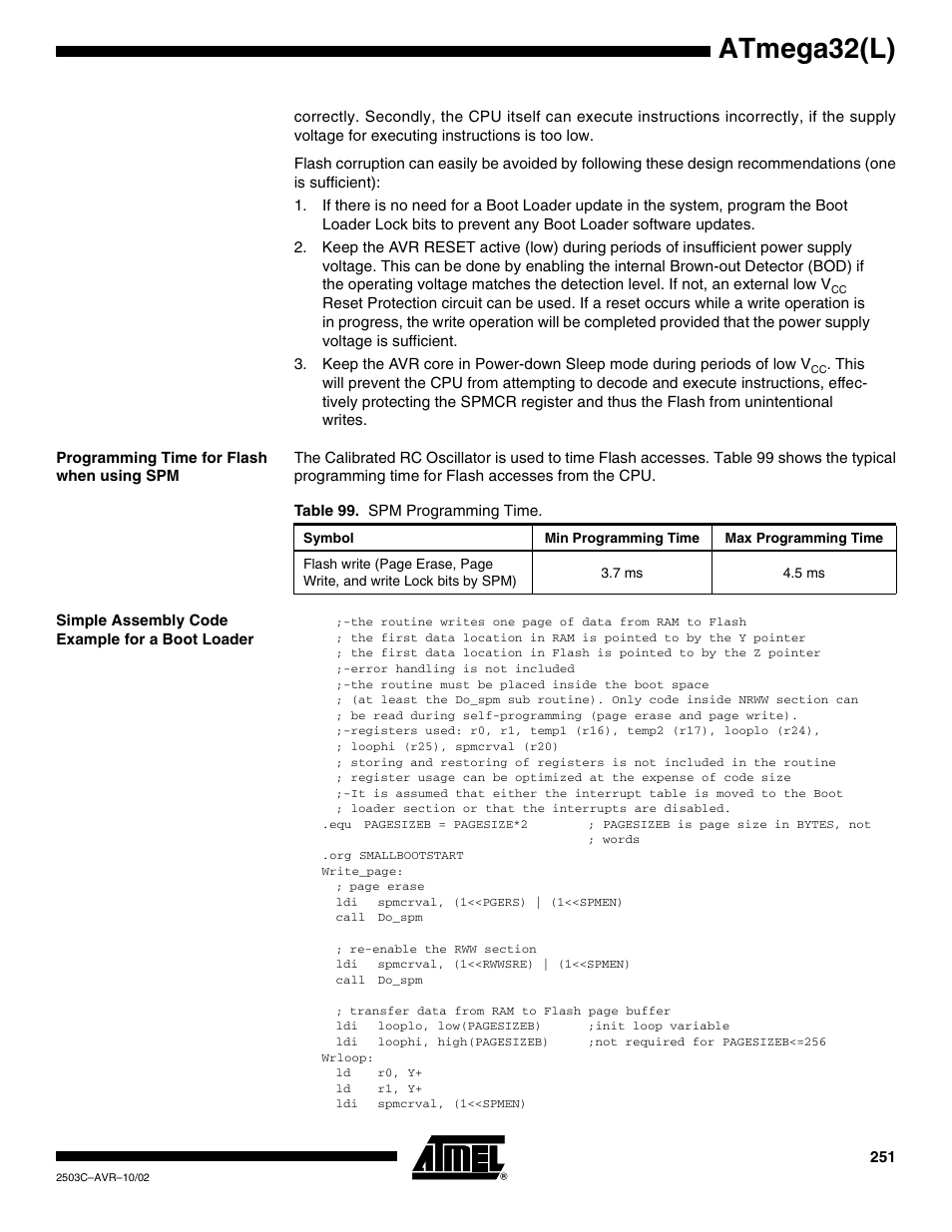 Programming time for flash when using spm, Simple assembly code example for a boot loader, Atmega32(l) | Rainbow Electronics ATmega32L User Manual | Page 251 / 313