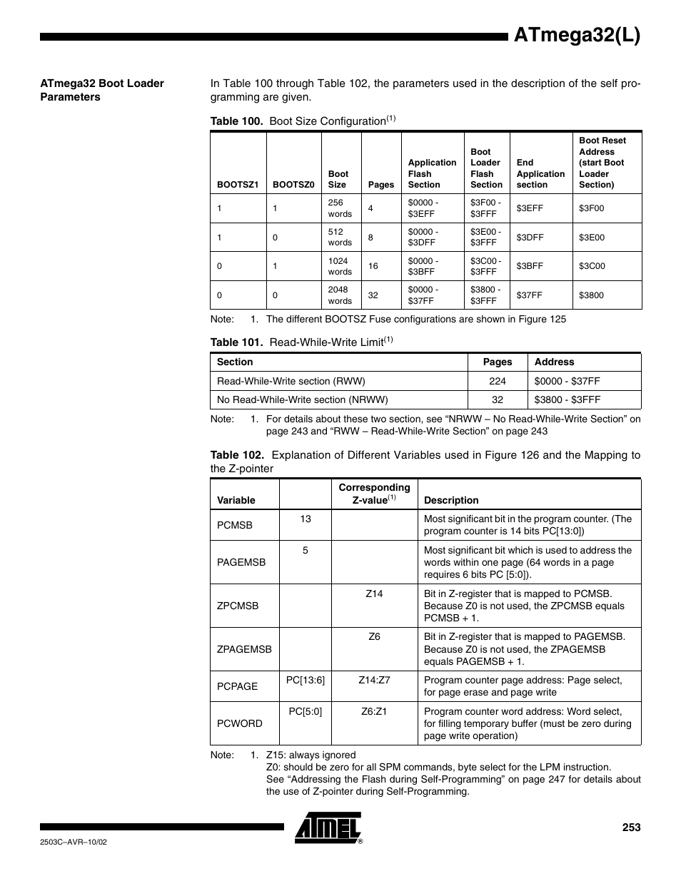 Atmega32 boot loader parameters, Atmega32(l) | Rainbow Electronics ATmega32L User Manual | Page 253 / 313