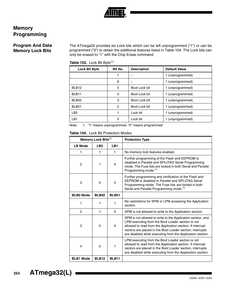 Memory programming, Program and data memory lock bits, Atmega32(l) | Rainbow Electronics ATmega32L User Manual | Page 254 / 313