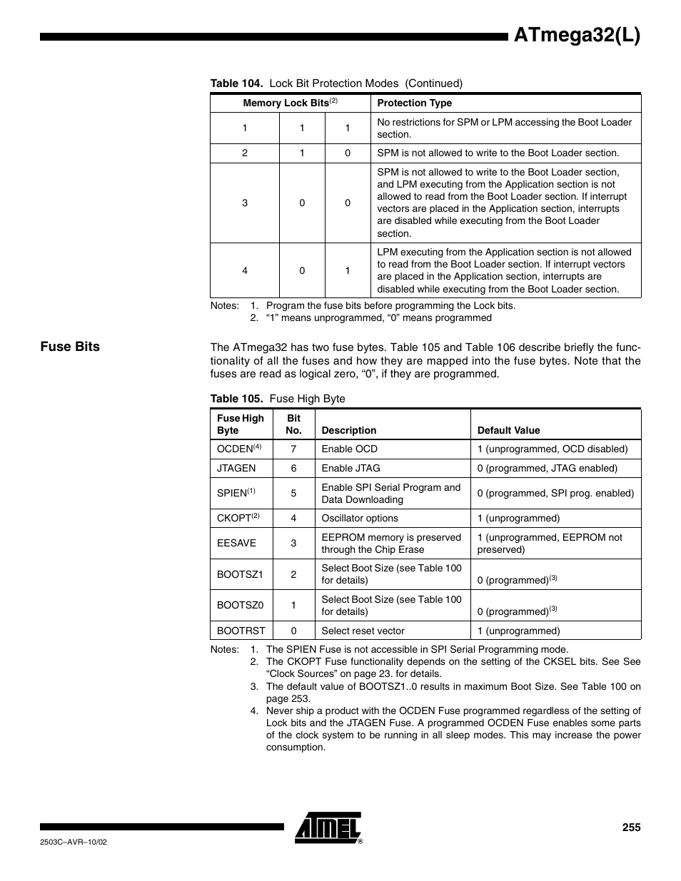 Fuse bits, Atmega32(l) | Rainbow Electronics ATmega32L User Manual | Page 255 / 313