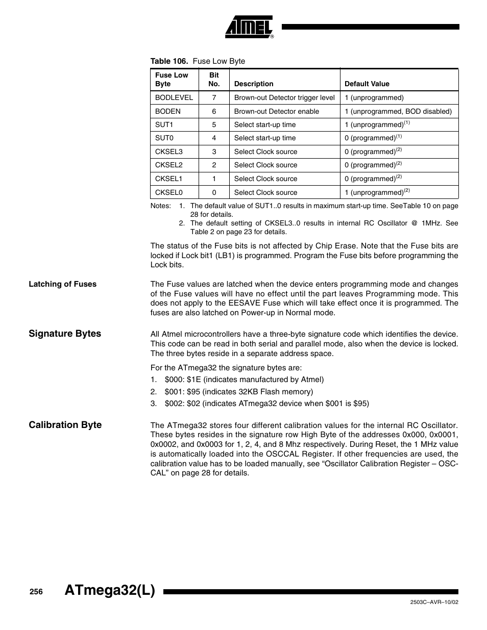 Latching of fuses, Signature bytes, Calibration byte | Atmega32(l) | Rainbow Electronics ATmega32L User Manual | Page 256 / 313