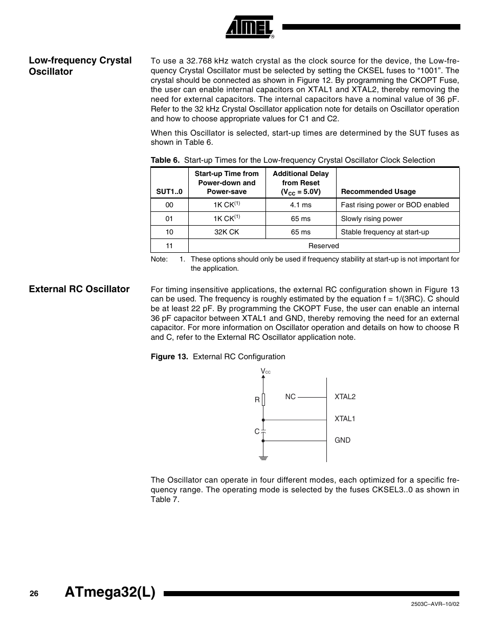 Low-frequency crystal oscillator, External rc oscillator, Atmega32(l) | Rainbow Electronics ATmega32L User Manual | Page 26 / 313