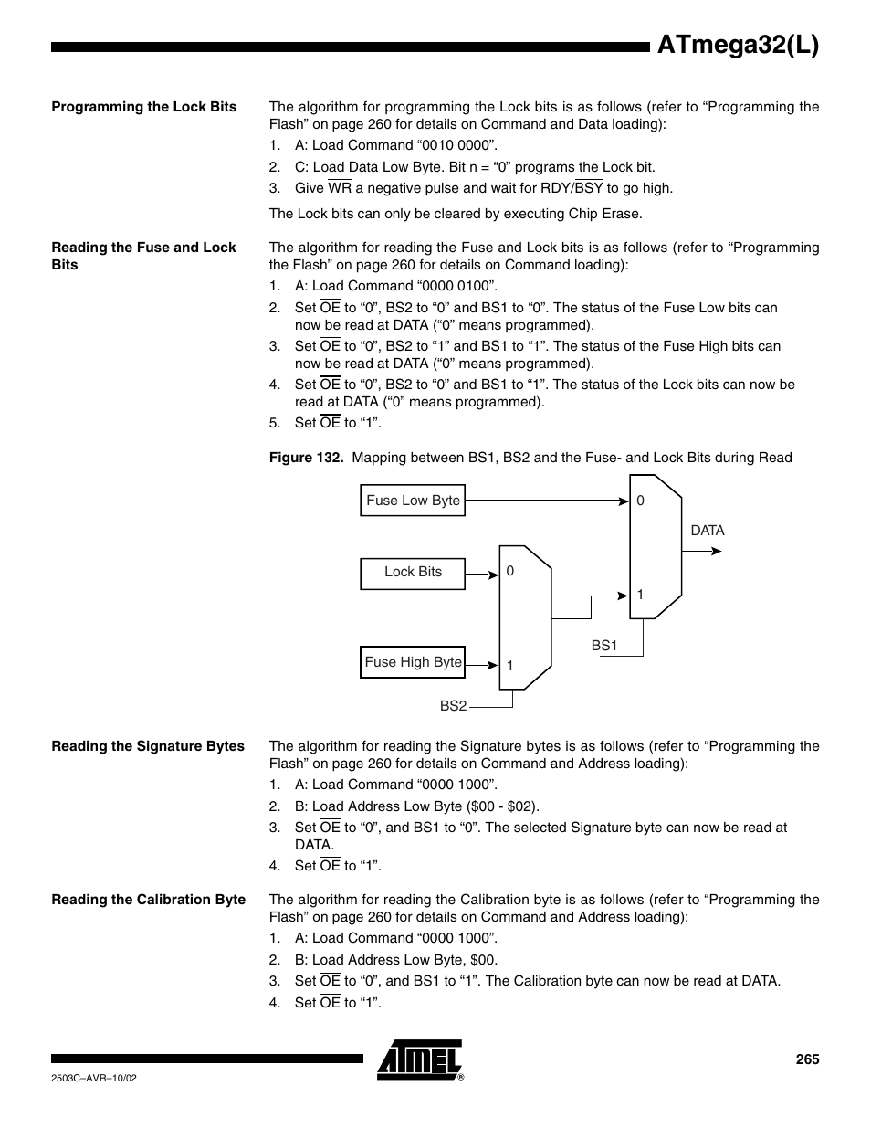 Programming the lock bits, Reading the fuse and lock bits, Reading the signature bytes | Reading the calibration byte, Atmega32(l) | Rainbow Electronics ATmega32L User Manual | Page 265 / 313