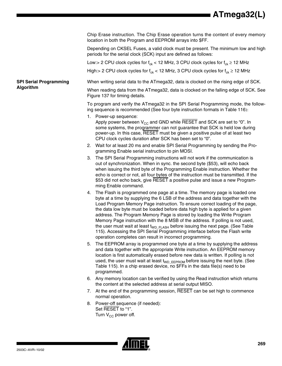 Spi serial programming algorithm, Atmega32(l) | Rainbow Electronics ATmega32L User Manual | Page 269 / 313