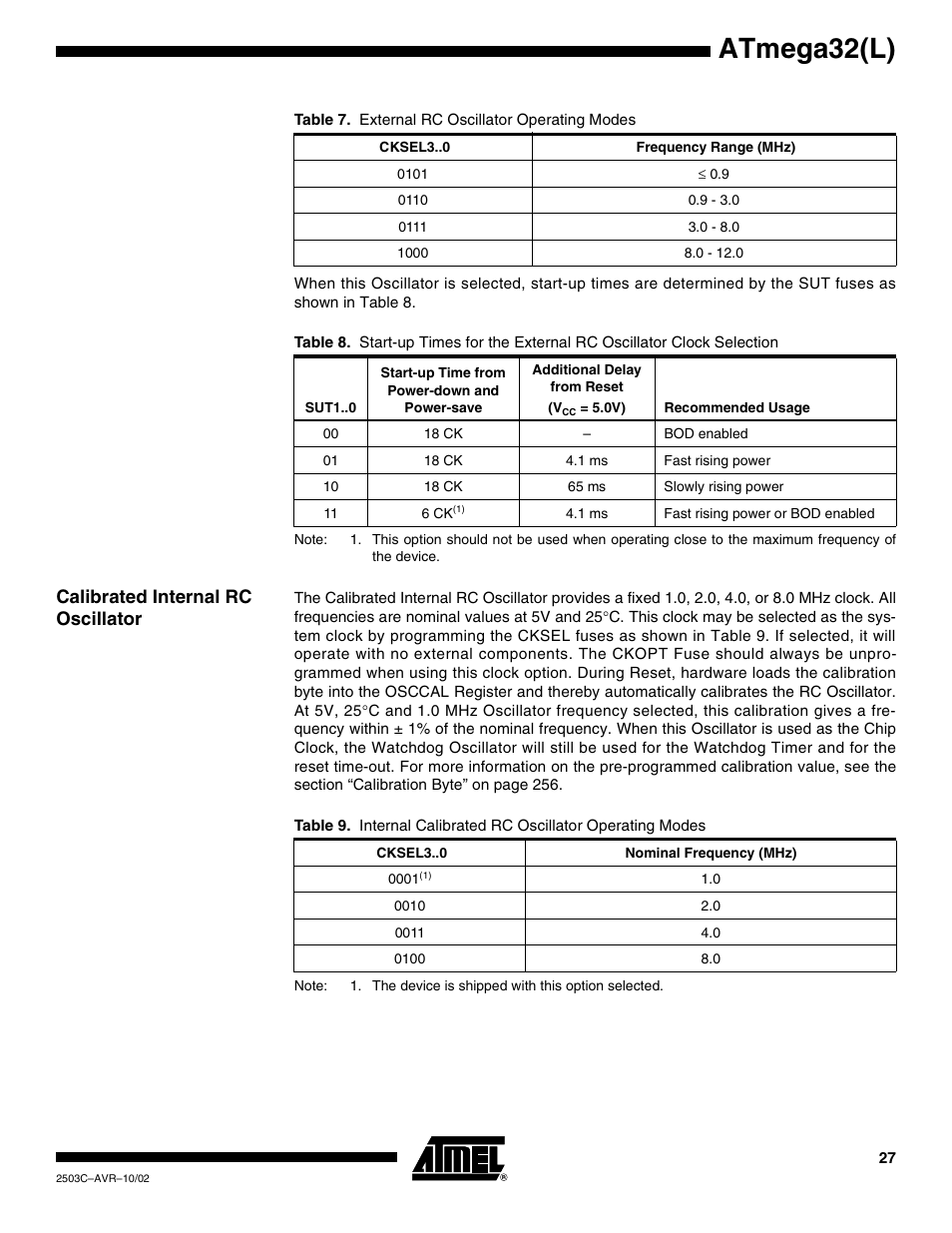 Calibrated internal rc oscillator, Atmega32(l) | Rainbow Electronics ATmega32L User Manual | Page 27 / 313