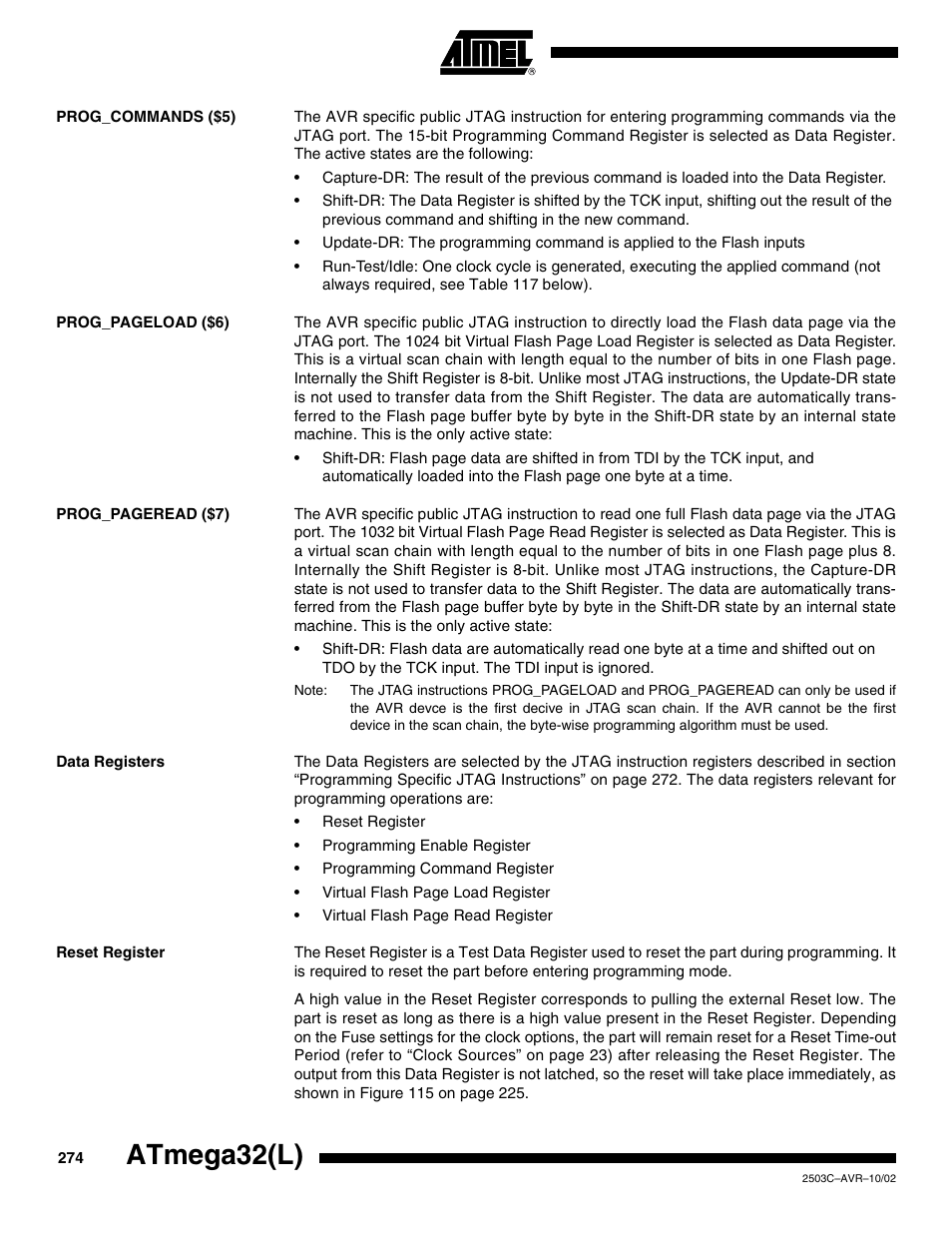 Prog_commands ($5), Data registers, Reset register | Atmega32(l) | Rainbow Electronics ATmega32L User Manual | Page 274 / 313