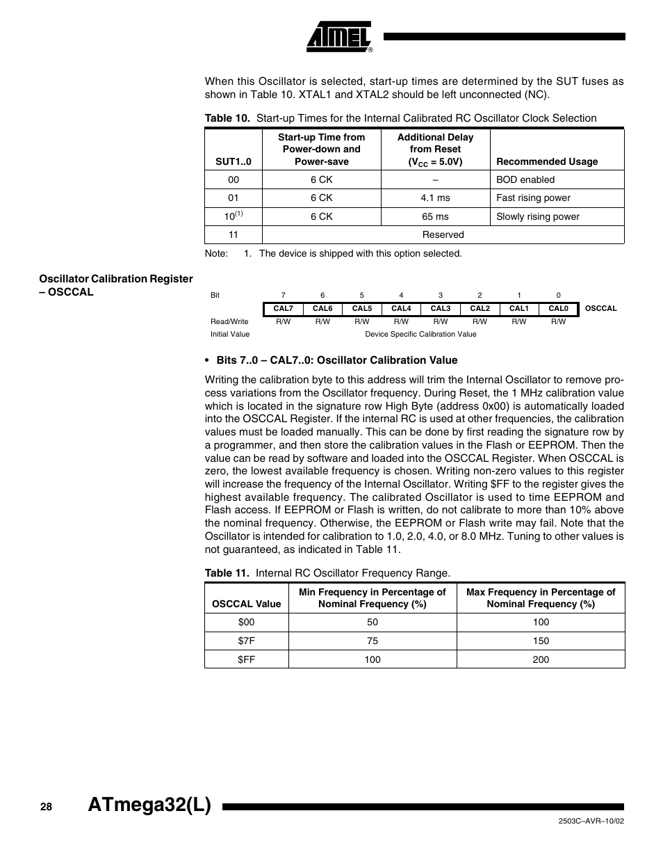 Oscillator calibration register – osccal, Atmega32(l) | Rainbow Electronics ATmega32L User Manual | Page 28 / 313