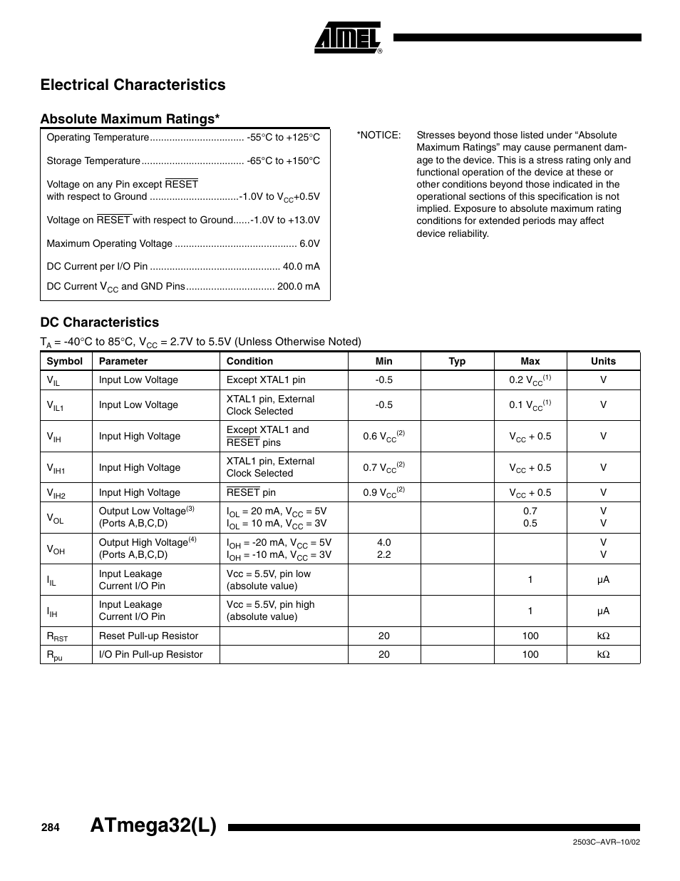 Electrical characteristics, Absolute maximum ratings, Dc characteristics | Atmega32(l), Absolute maximum ratings* dc characteristics | Rainbow Electronics ATmega32L User Manual | Page 284 / 313