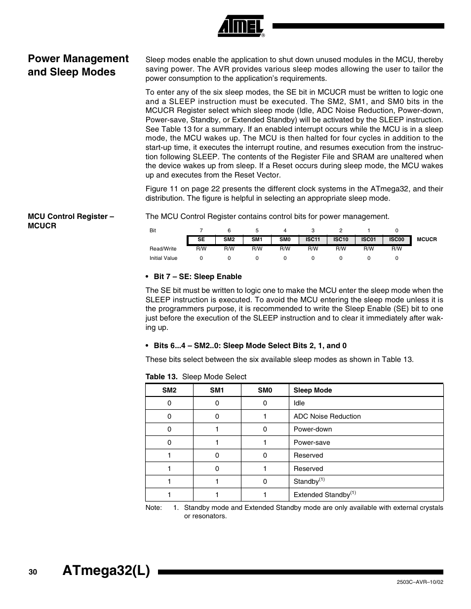 Power management and sleep modes, Mcu control register – mcucr, Atmega32(l) | Rainbow Electronics ATmega32L User Manual | Page 30 / 313