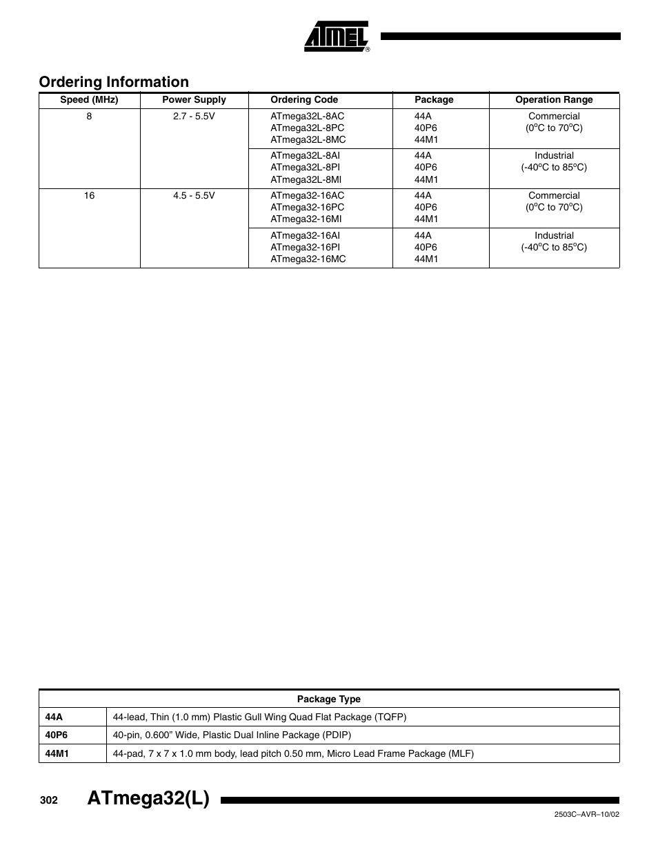 Ordering information, Atmega32(l) | Rainbow Electronics ATmega32L User Manual | Page 302 / 313