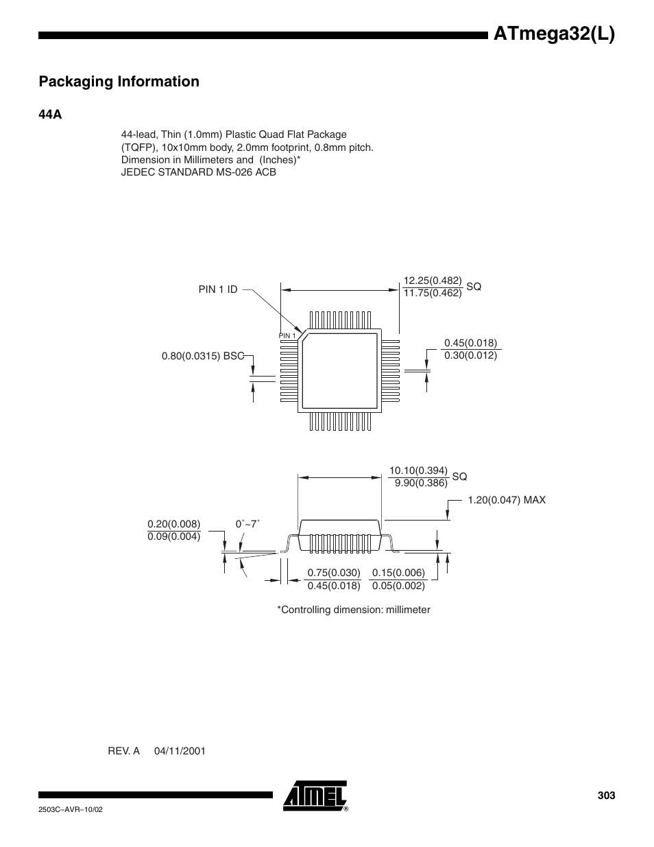 Packaging information, Atmega32(l) | Rainbow Electronics ATmega32L User Manual | Page 303 / 313