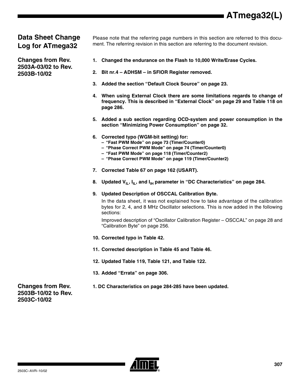 Data sheet change log for atmega32, Changes from rev. 2503a-03/02 to rev. 2503b-10/02, Changes from rev. 2503b-10/02 to rev. 2503c-10/02 | Atmega32(l) | Rainbow Electronics ATmega32L User Manual | Page 307 / 313