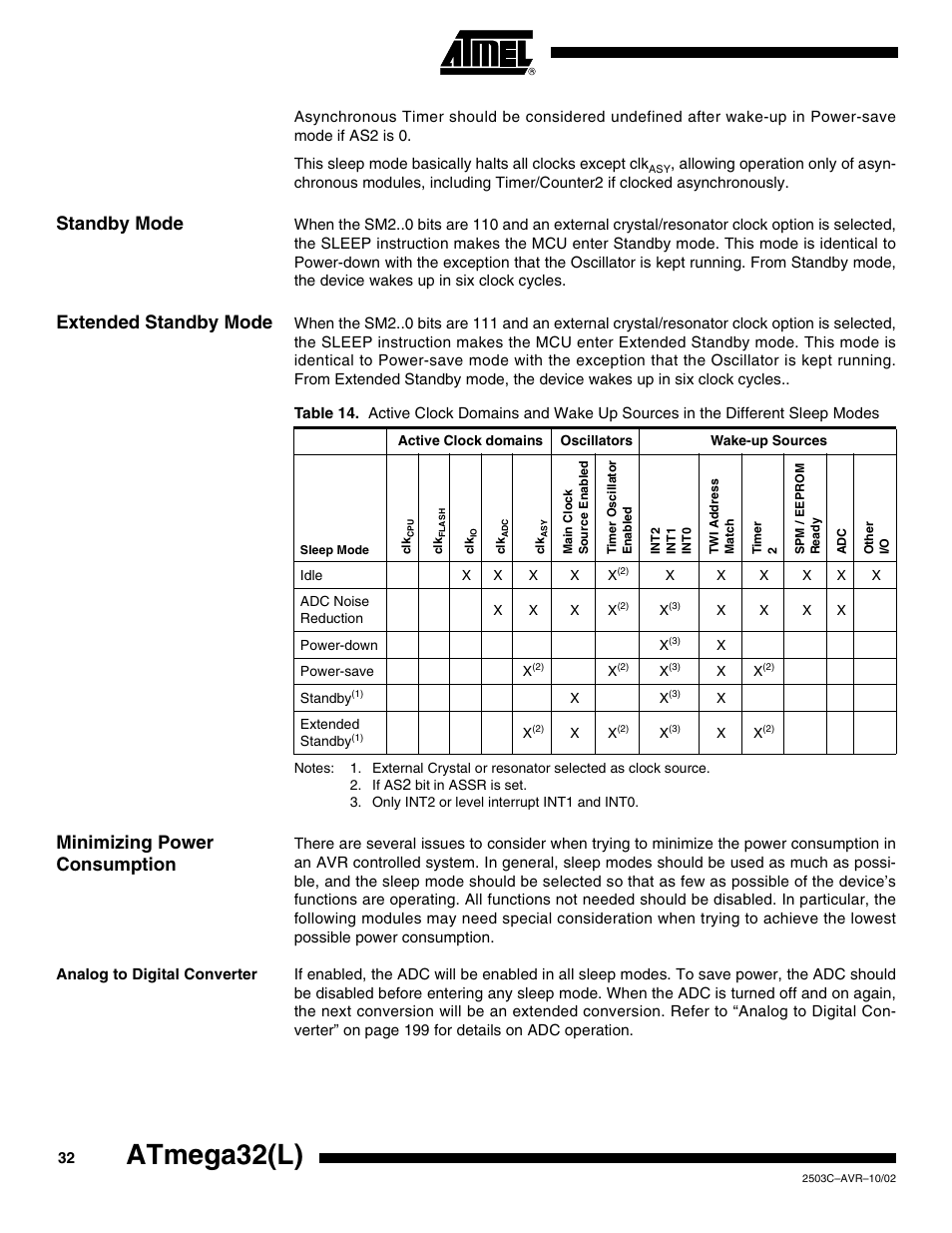 Standby mode, Extended standby mode, Minimizing power consumption | Analog to digital converter, Atmega32(l) | Rainbow Electronics ATmega32L User Manual | Page 32 / 313