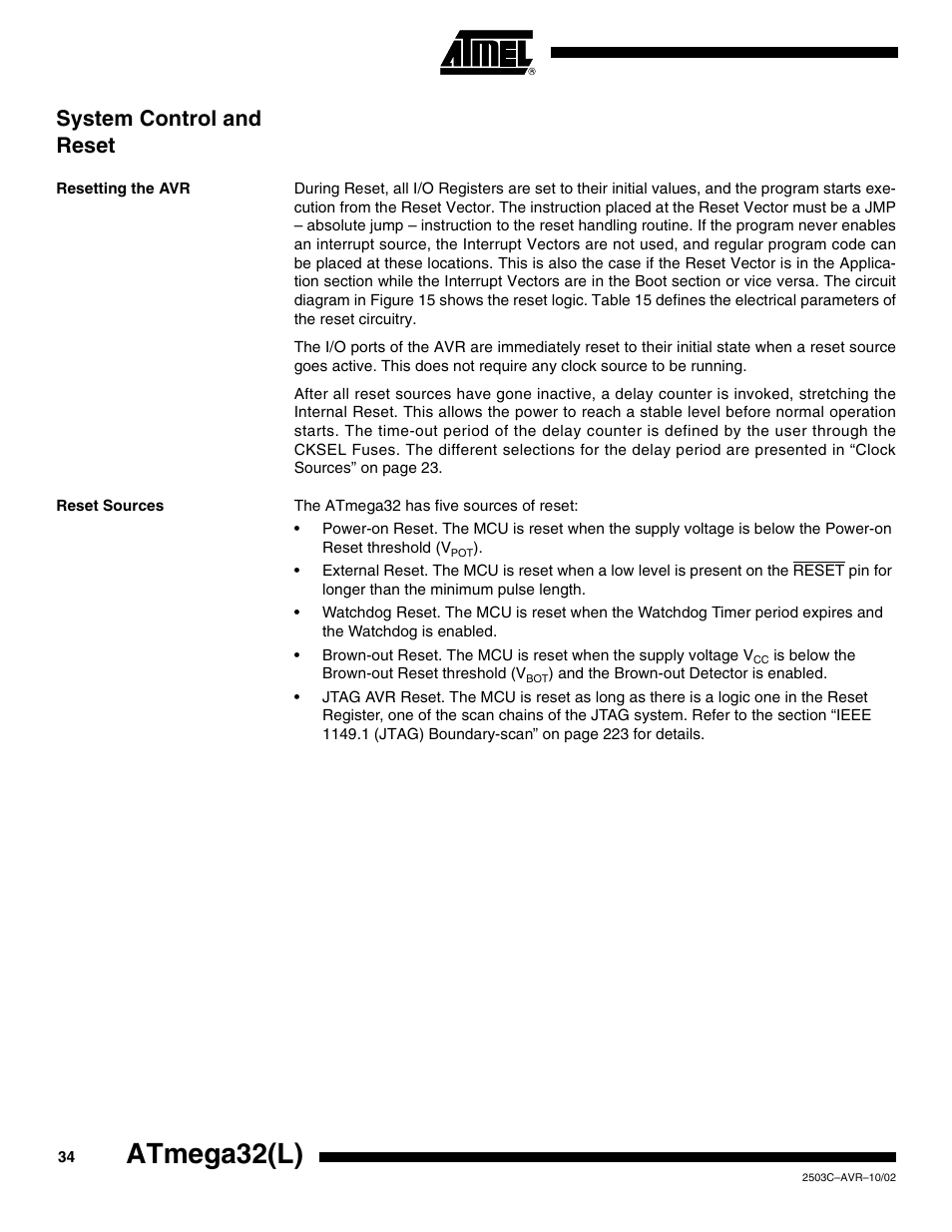 System control and reset, Resetting the avr, Reset sources | Atmega32(l) | Rainbow Electronics ATmega32L User Manual | Page 34 / 313