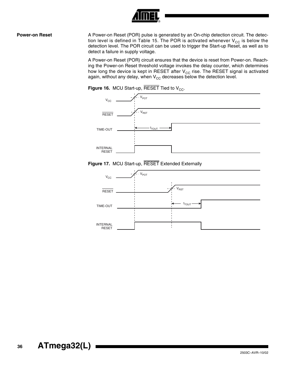 Power-on reset, Atmega32(l), Figure 17. mcu start-up, reset extended externally | Rainbow Electronics ATmega32L User Manual | Page 36 / 313