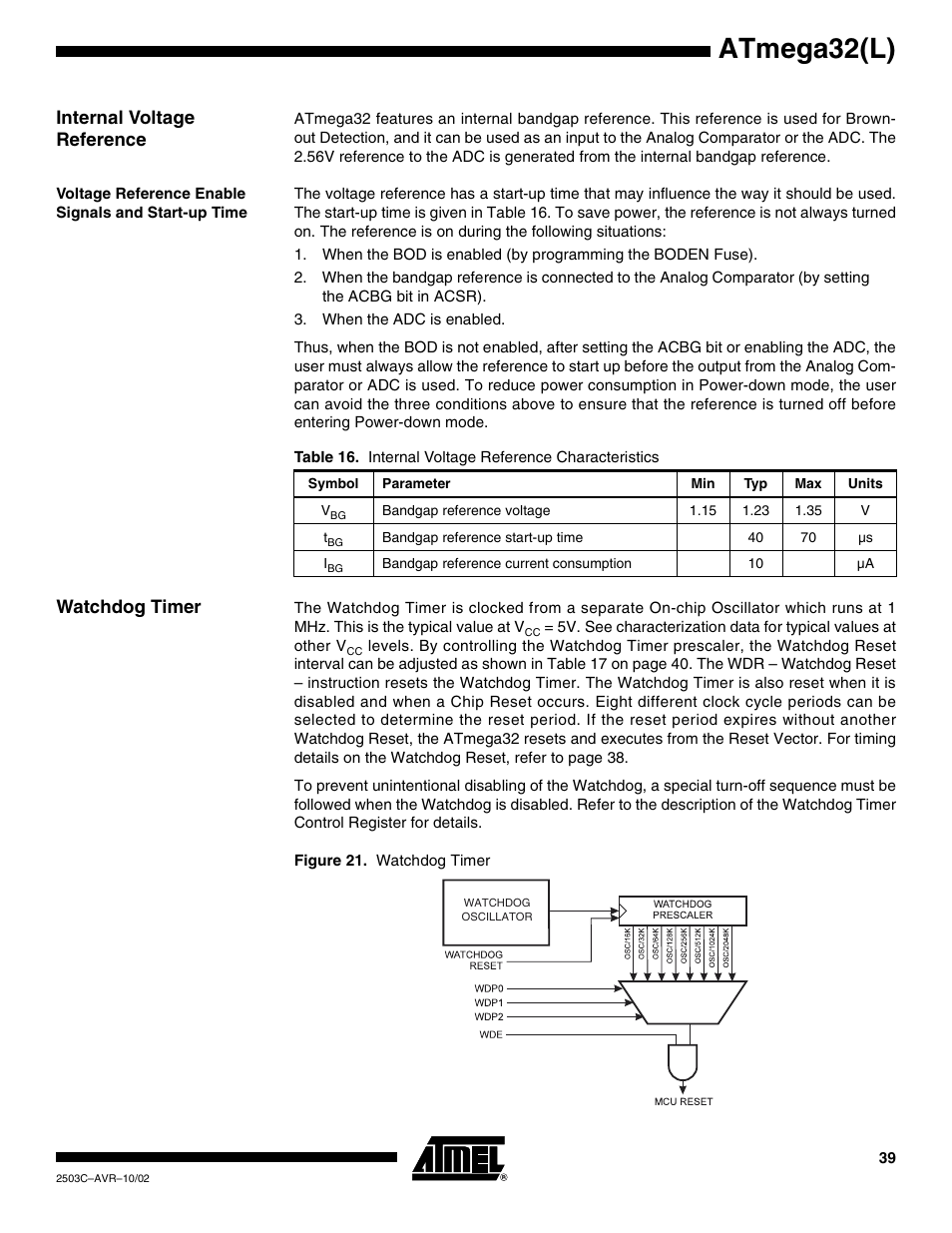 Internal voltage reference, Voltage reference enable signals and start-up time, Watchdog timer | Atmega32(l) | Rainbow Electronics ATmega32L User Manual | Page 39 / 313