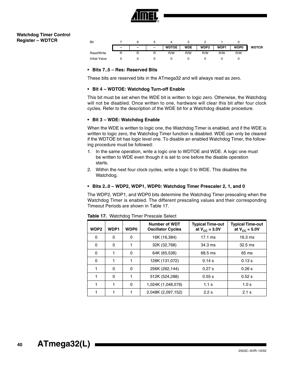 Watchdog timer control register – wdtcr, Atmega32(l) | Rainbow Electronics ATmega32L User Manual | Page 40 / 313