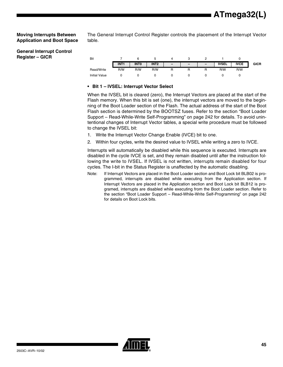 General interrupt control register – gicr, Atmega32(l) | Rainbow Electronics ATmega32L User Manual | Page 45 / 313