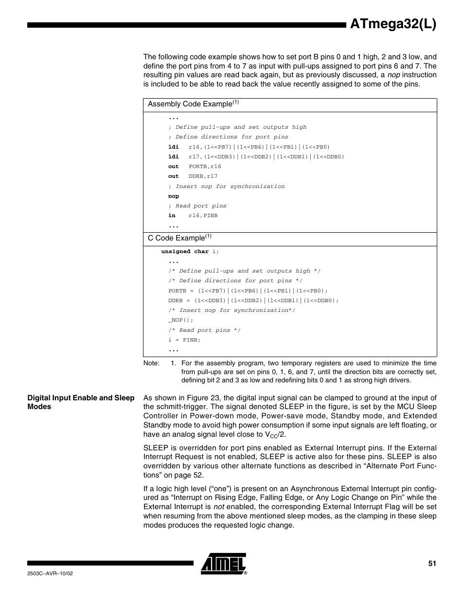 Digital input enable and sleep modes, Atmega32(l) | Rainbow Electronics ATmega32L User Manual | Page 51 / 313