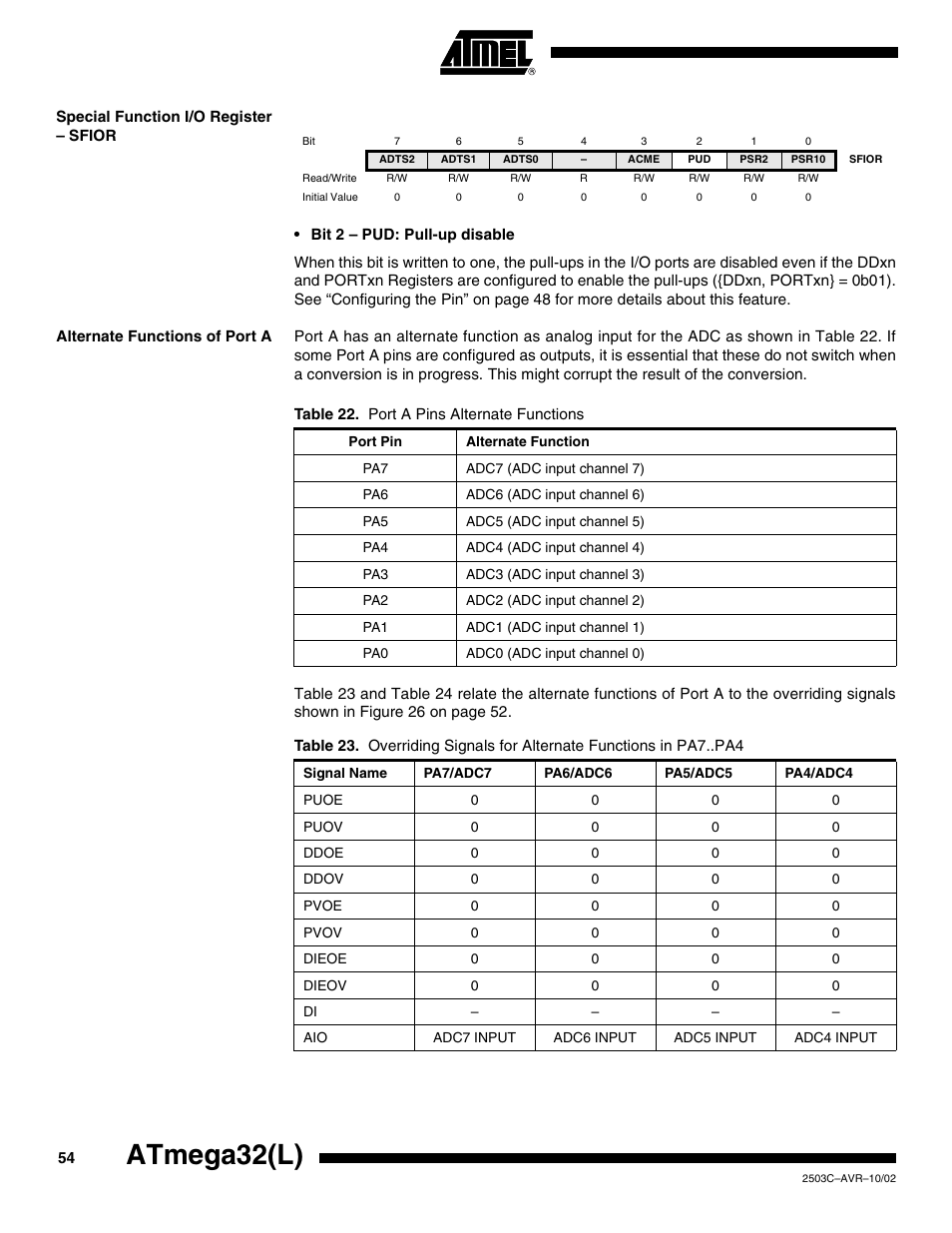 Special function i/o register – sfior, Alternate functions of port a, Atmega32(l) | Rainbow Electronics ATmega32L User Manual | Page 54 / 313