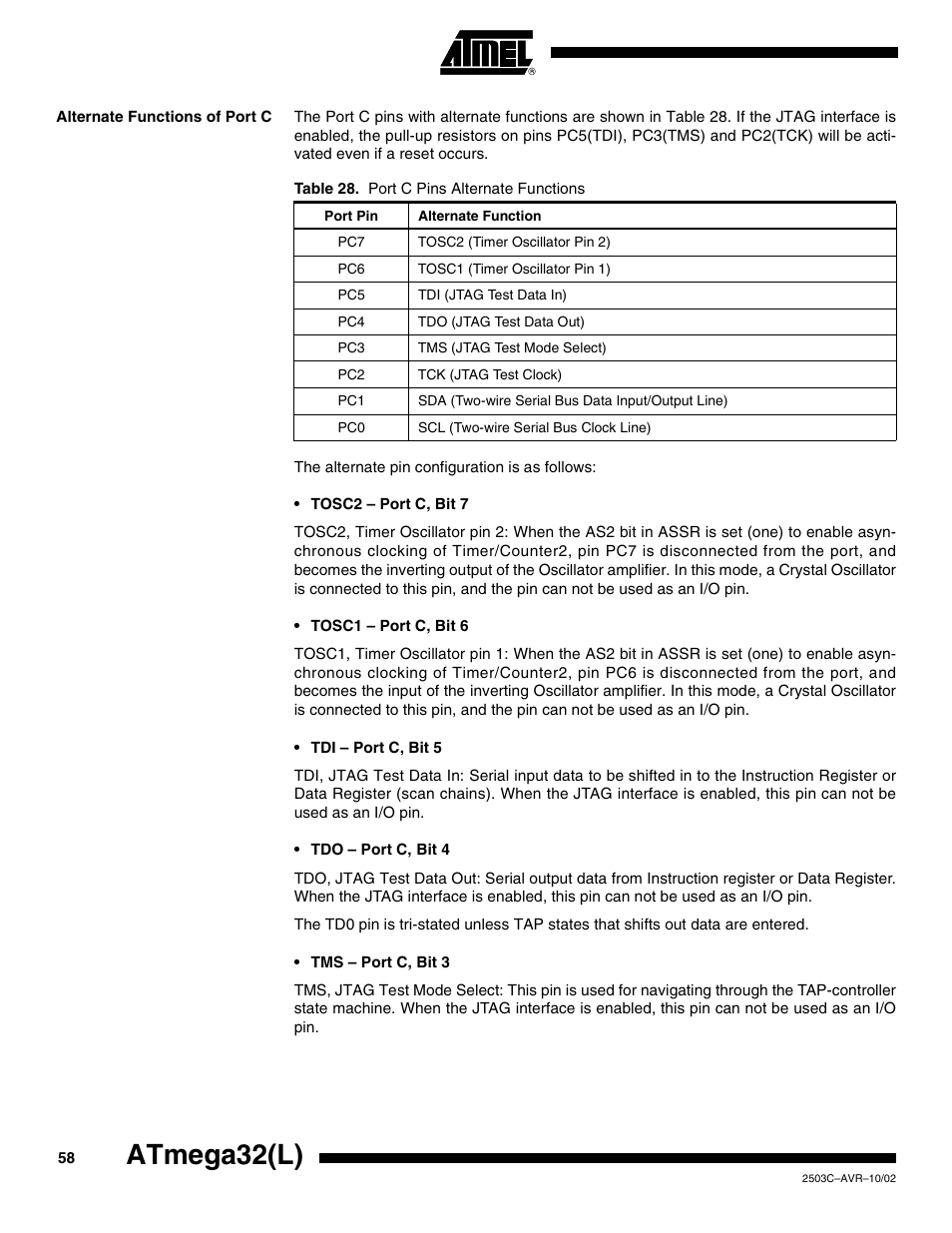Alternate functions of port c, Atmega32(l) | Rainbow Electronics ATmega32L User Manual | Page 58 / 313