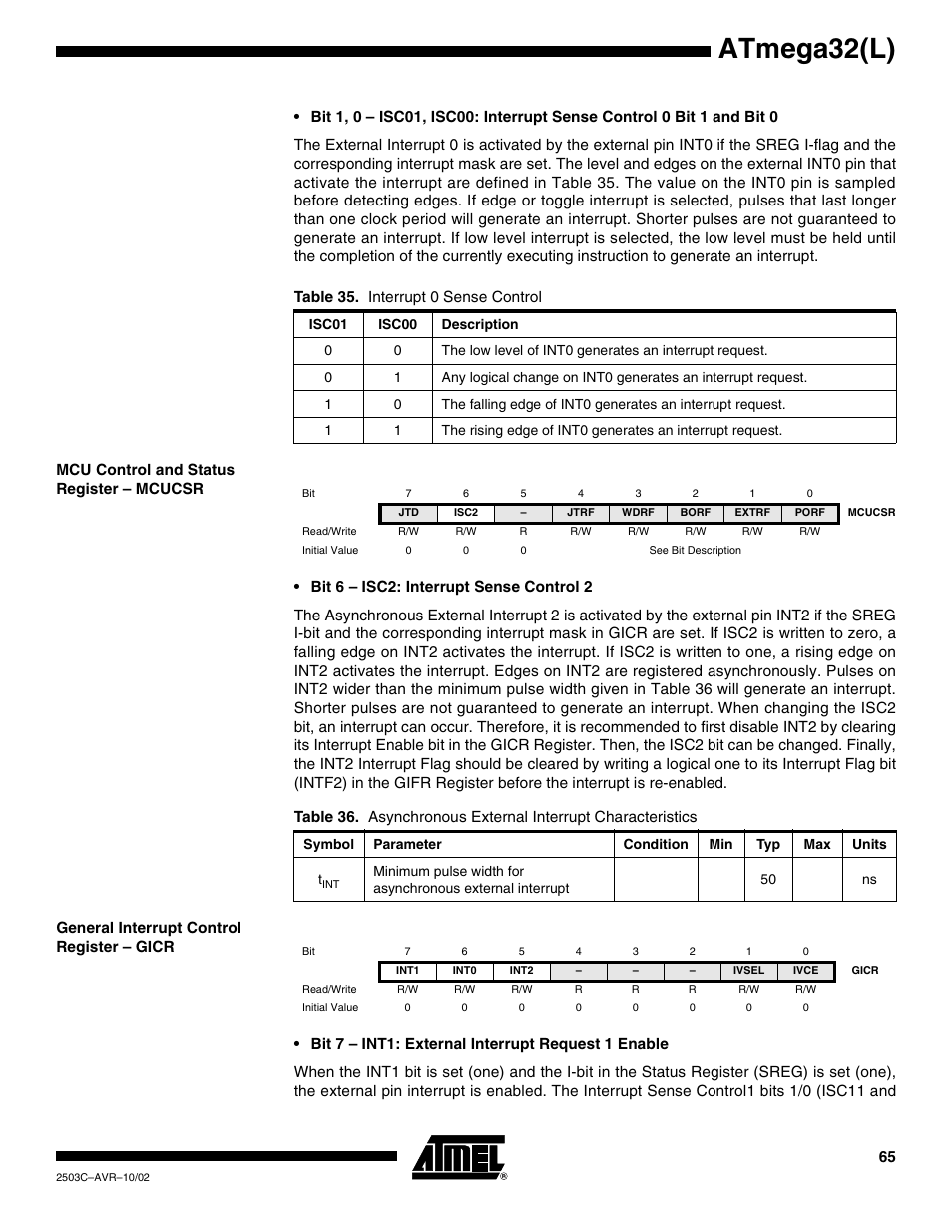 Mcu control and status register – mcucsr, General interrupt control register – gicr, Atmega32(l) | Rainbow Electronics ATmega32L User Manual | Page 65 / 313