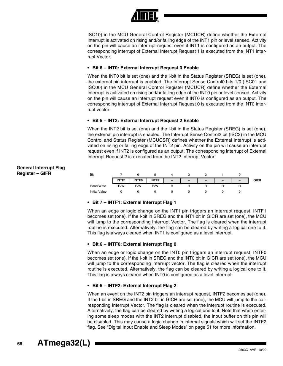 General interrupt flag register – gifr, Atmega32(l) | Rainbow Electronics ATmega32L User Manual | Page 66 / 313