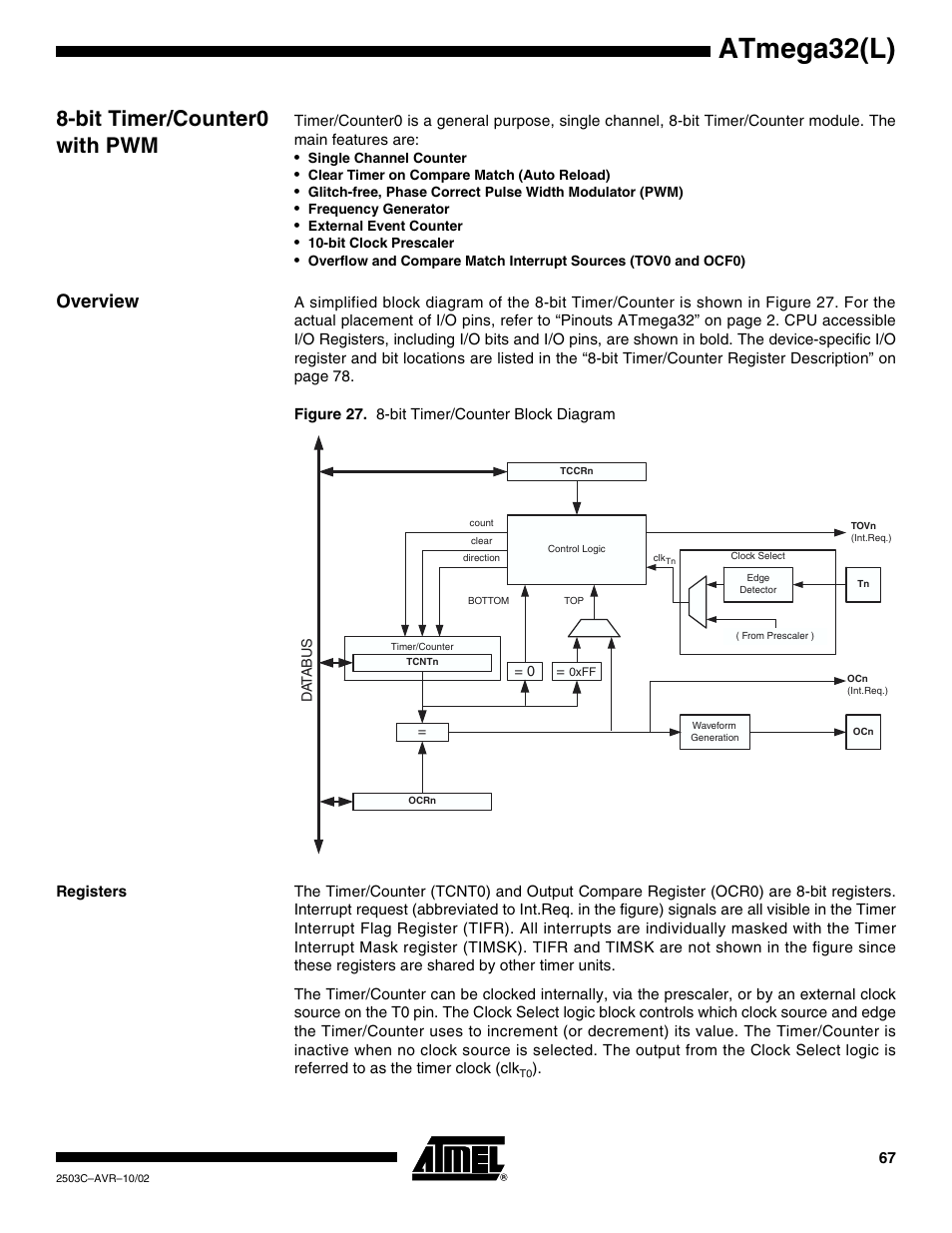 Bit timer/counter0 with pwm, Overview, Registers | Atmega32(l) | Rainbow Electronics ATmega32L User Manual | Page 67 / 313