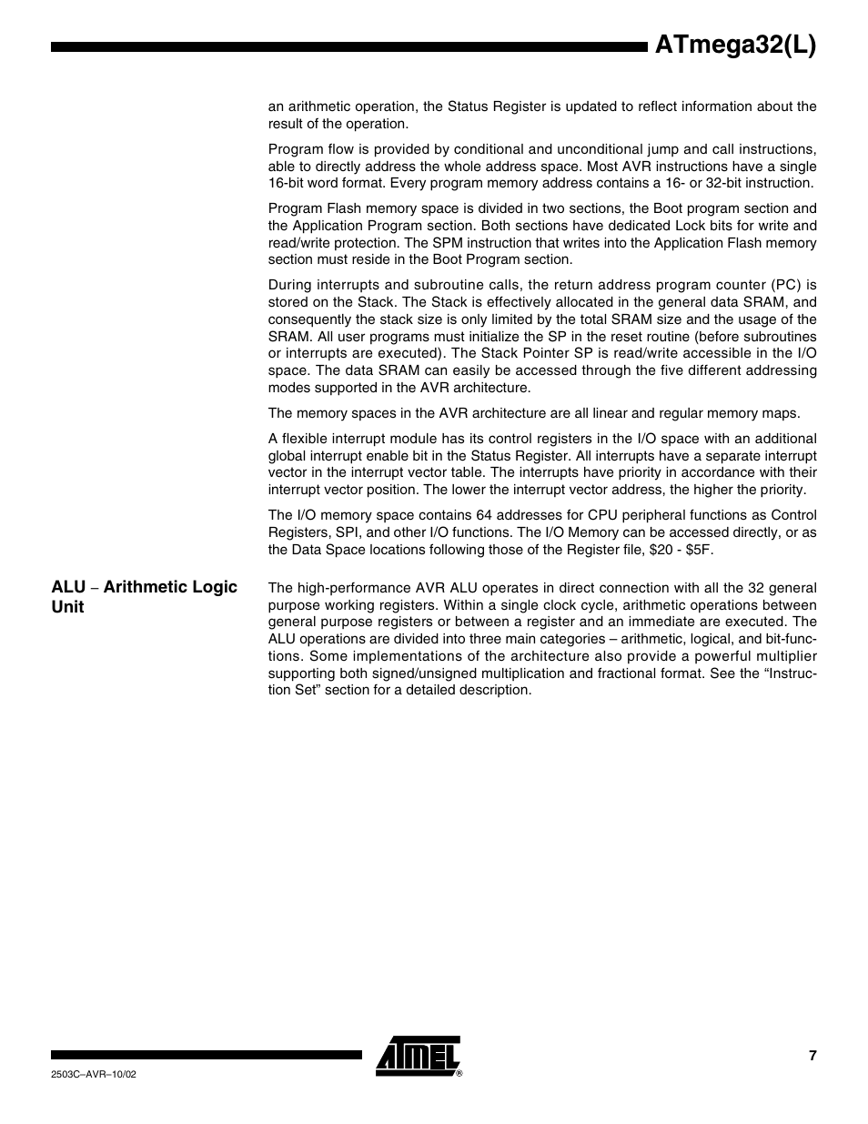 Alu – arithmetic logic unit, Atmega32(l) | Rainbow Electronics ATmega32L User Manual | Page 7 / 313