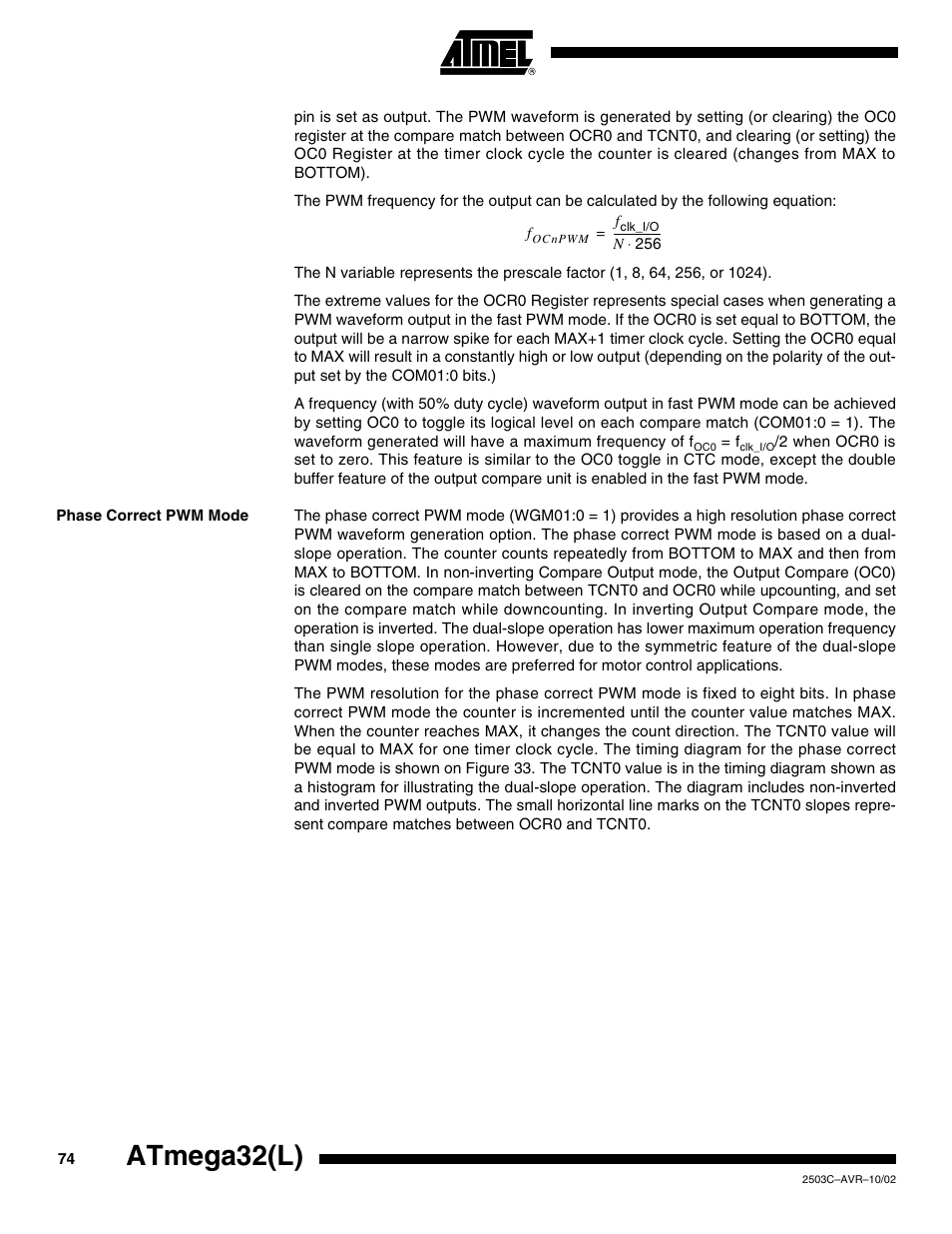 Phase correct pwm mode, Atmega32(l) | Rainbow Electronics ATmega32L User Manual | Page 74 / 313