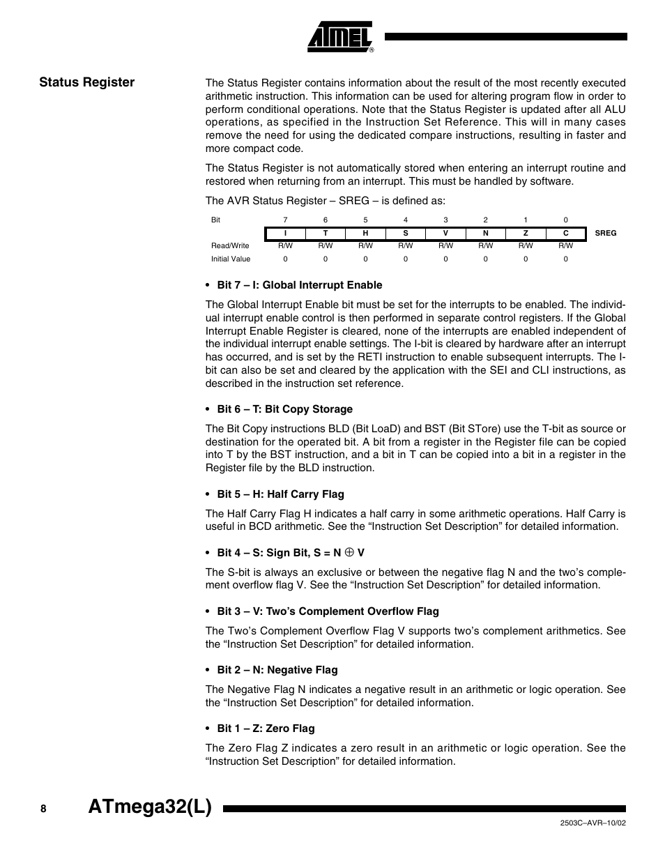 Status register, Atmega32(l) | Rainbow Electronics ATmega32L User Manual | Page 8 / 313