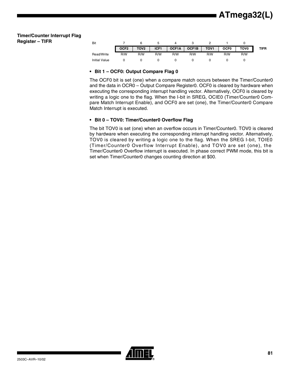 Timer/counter interrupt flag register – tifr, Atmega32(l) | Rainbow Electronics ATmega32L User Manual | Page 81 / 313