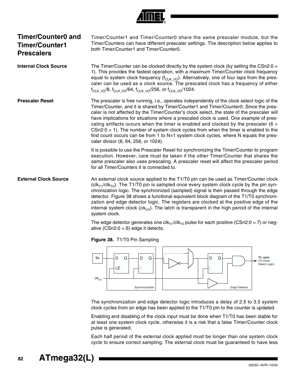 Timer/counter0 and timer/counter1 prescalers, Internal clock source, Prescaler reset | External clock source, Atmega32(l) | Rainbow Electronics ATmega32L User Manual | Page 82 / 313