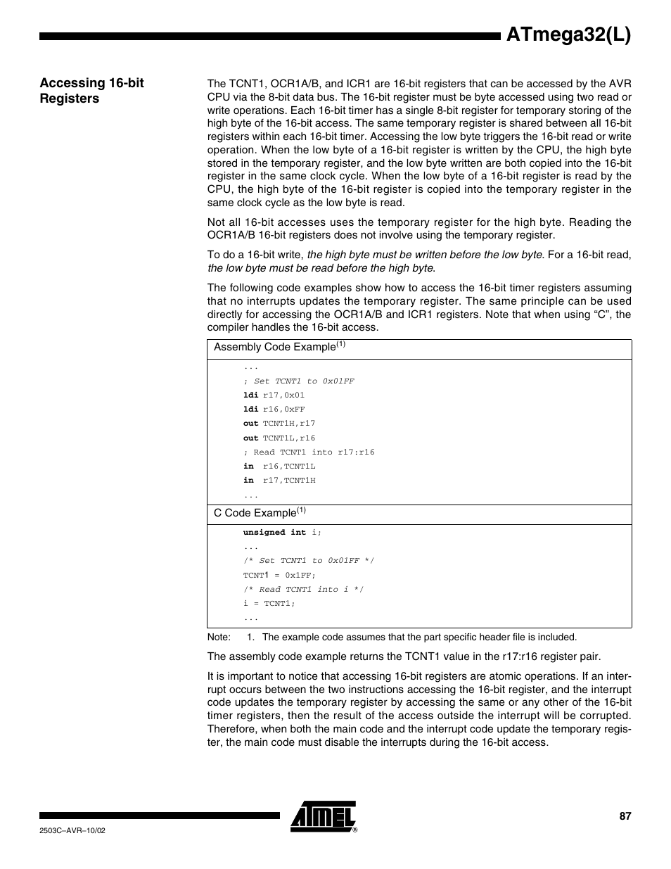 Accessing 16-bit registers, Atmega32(l) | Rainbow Electronics ATmega32L User Manual | Page 87 / 313