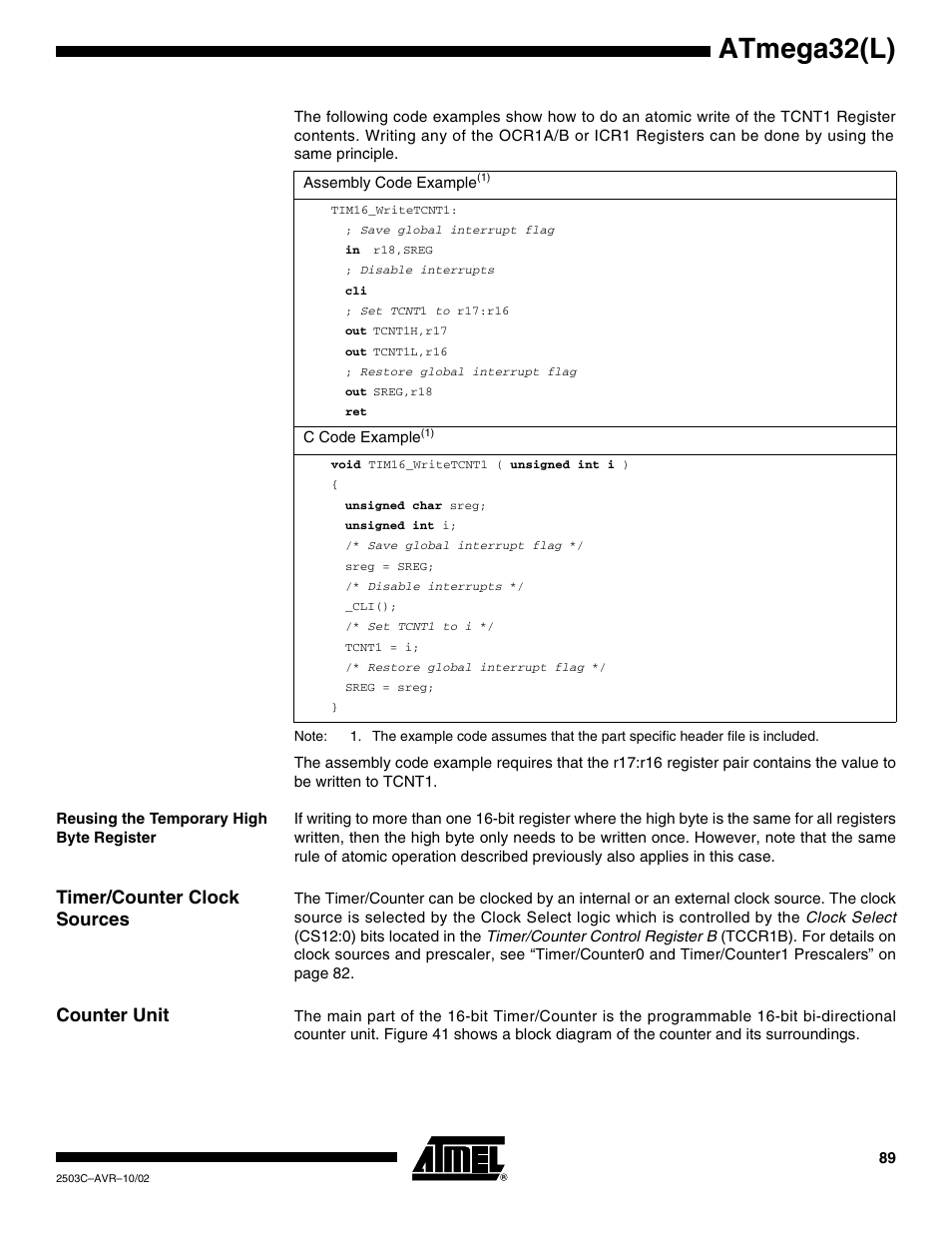 Reusing the temporary high byte register, Timer/counter clock sources, Counter unit | Atmega32(l) | Rainbow Electronics ATmega32L User Manual | Page 89 / 313