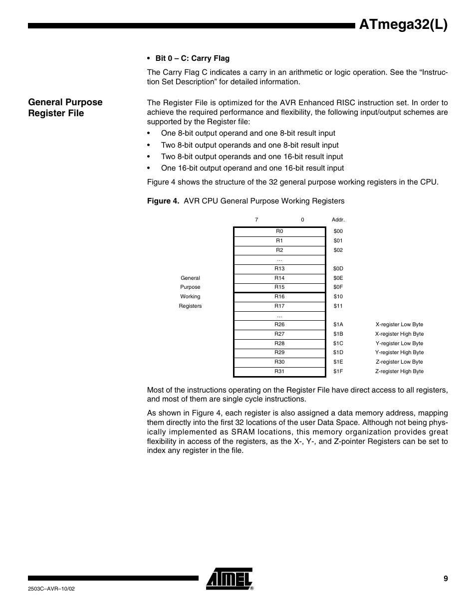 General purpose register file, Atmega32(l) | Rainbow Electronics ATmega32L User Manual | Page 9 / 313