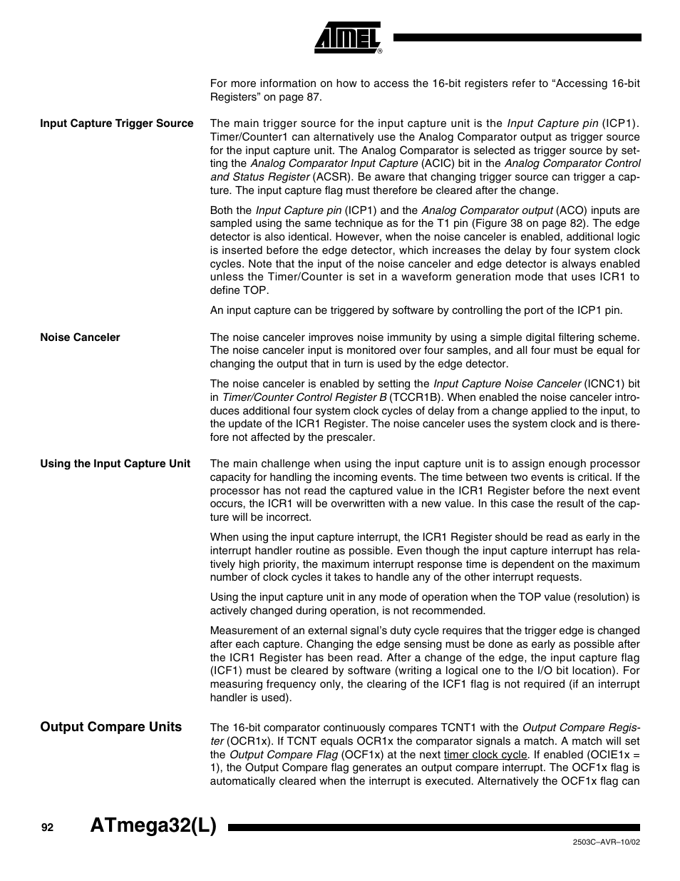 Input capture trigger source, Noise canceler, Using the input capture unit | Output compare units, Atmega32(l) | Rainbow Electronics ATmega32L User Manual | Page 92 / 313