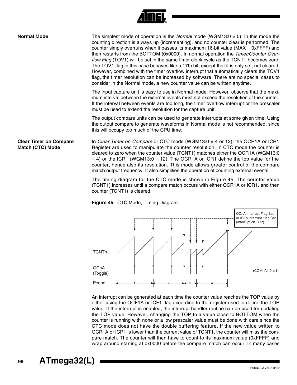 Normal mode, Clear timer on compare match (ctc) mode, Atmega32(l) | Rainbow Electronics ATmega32L User Manual | Page 96 / 313