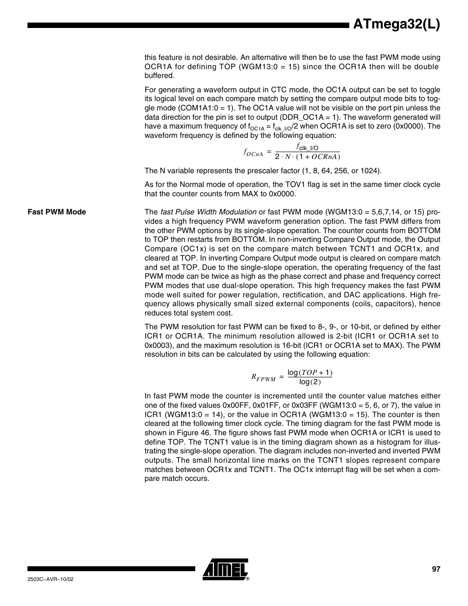 Fast pwm mode, Atmega32(l) | Rainbow Electronics ATmega32L User Manual | Page 97 / 313