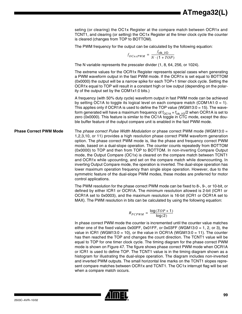 Phase correct pwm mode, Atmega32(l) | Rainbow Electronics ATmega32L User Manual | Page 99 / 313