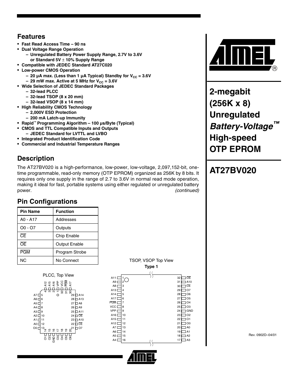 Rainbow Electronics AT27BV020 User Manual | 12 pages