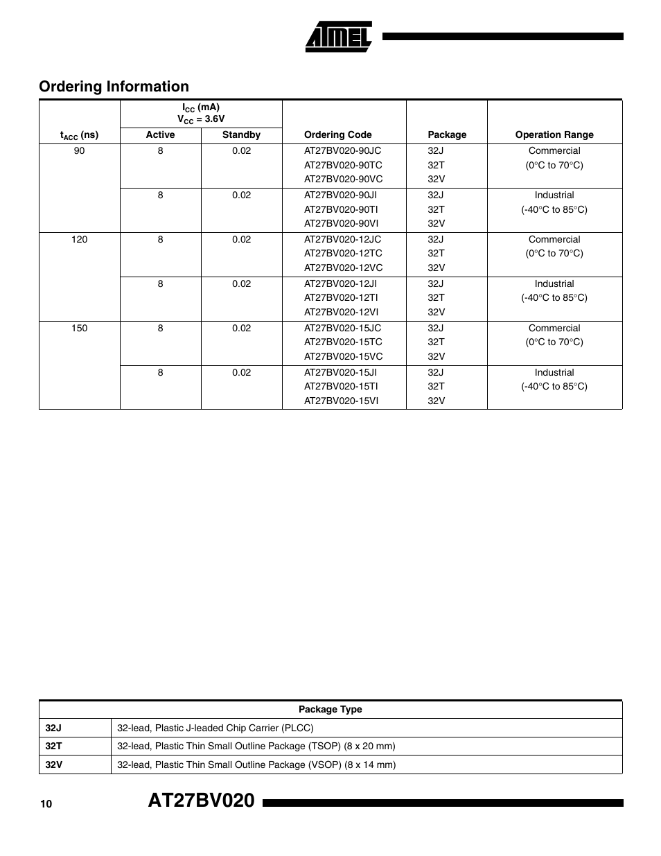 Ordering information | Rainbow Electronics AT27BV020 User Manual | Page 10 / 12