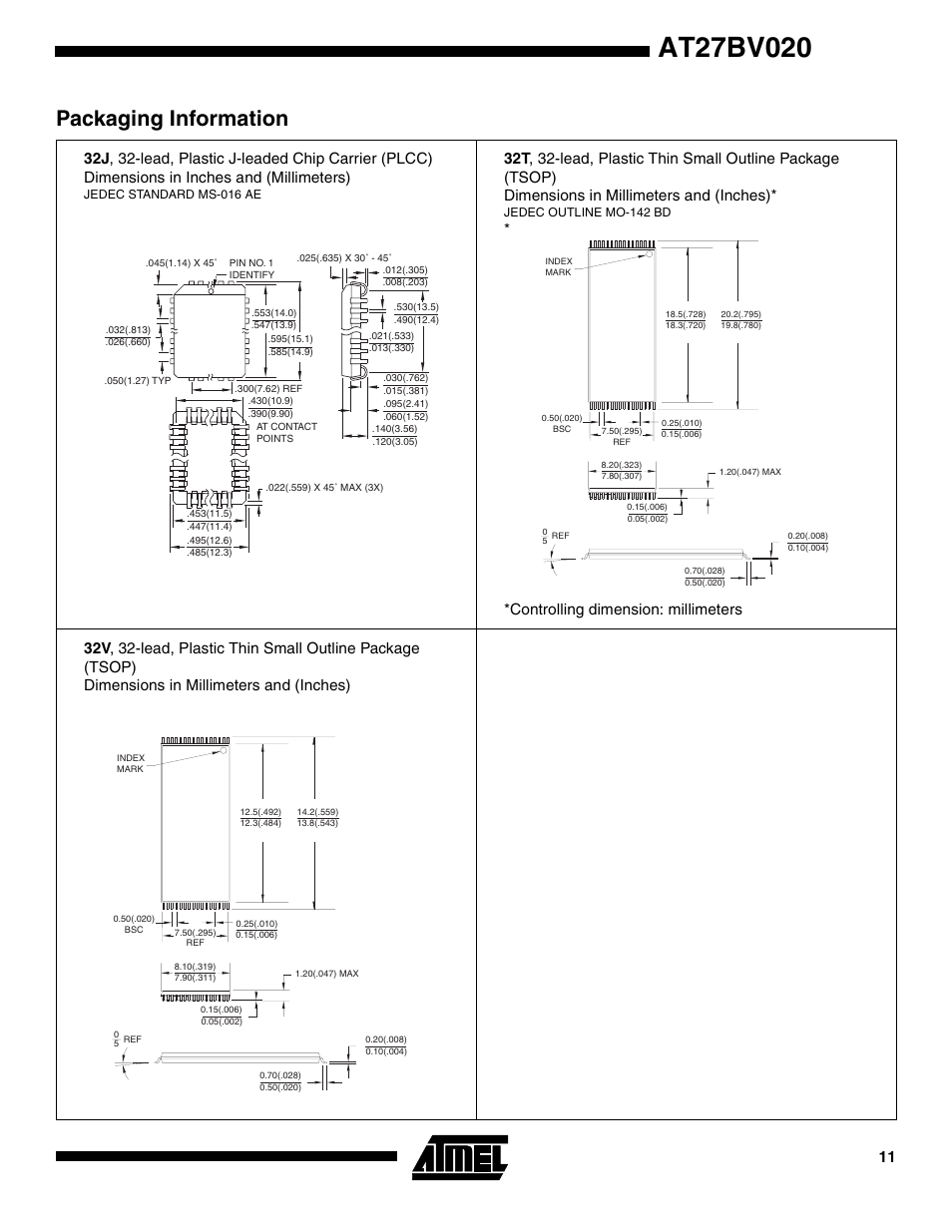 Packaging information, Controlling dimension: millimeters | Rainbow Electronics AT27BV020 User Manual | Page 11 / 12