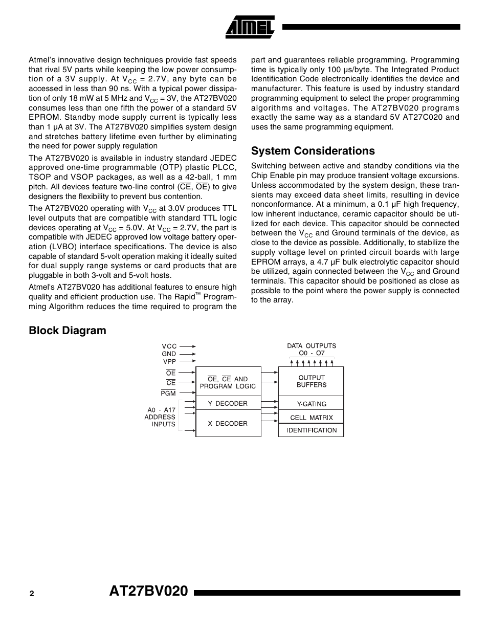 System considerations, Block diagram | Rainbow Electronics AT27BV020 User Manual | Page 2 / 12