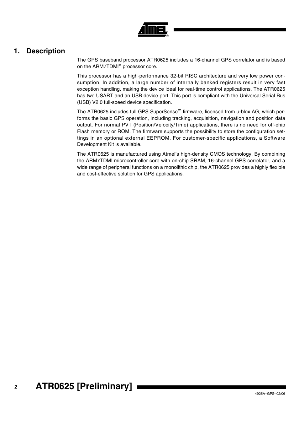 Atr0625 [preliminary, Description | Rainbow Electronics ATR0625 User Manual | Page 2 / 26