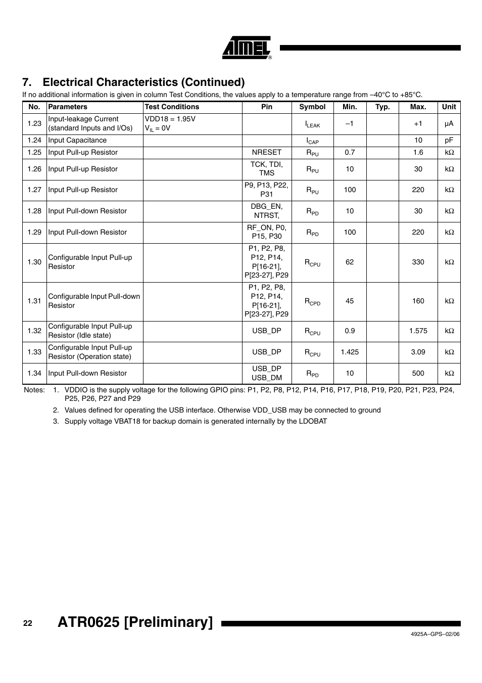 Atr0625 [preliminary, Electrical characteristics (continued) | Rainbow Electronics ATR0625 User Manual | Page 22 / 26