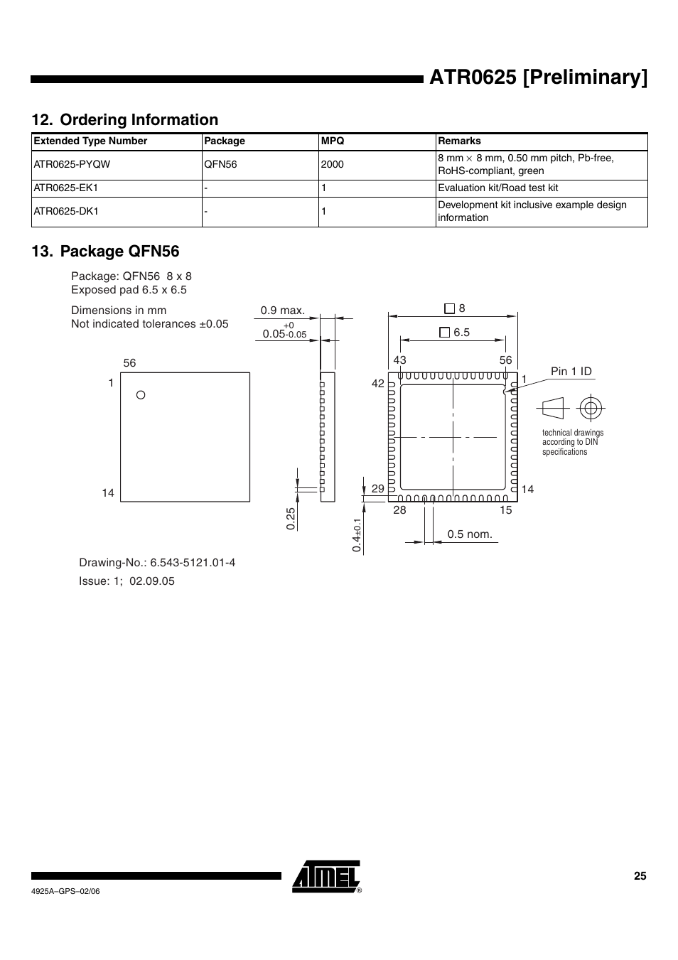 Atr0625 [preliminary, Package qfn56 12. ordering information | Rainbow Electronics ATR0625 User Manual | Page 25 / 26